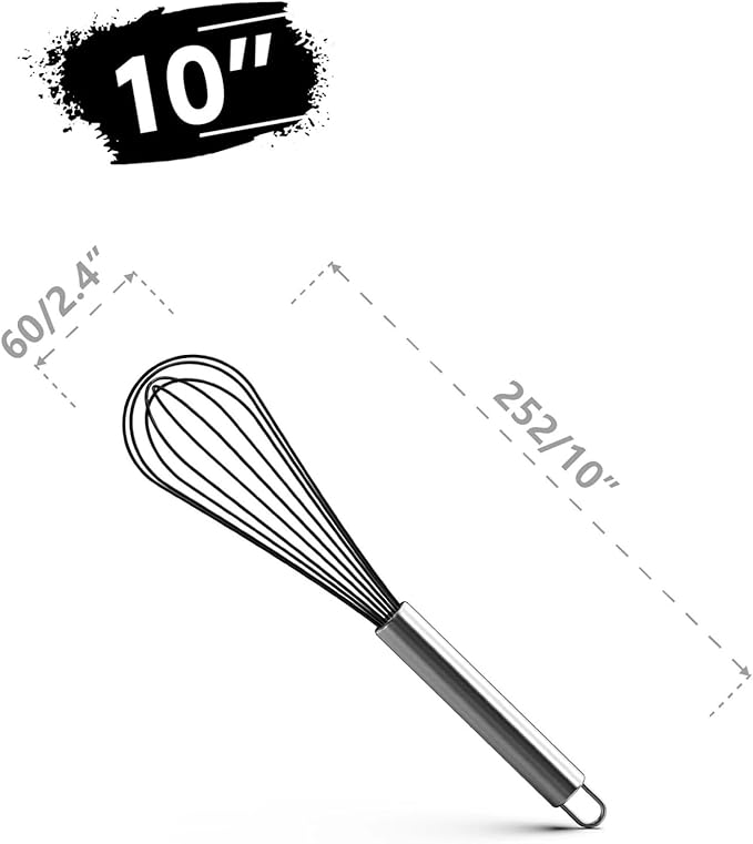 Balloon Whisk Stainless Steel 304 18/8 Wire Beater 8"10"12" Kitchen Cooking Tool No-Stick For Egg(10 Inch Black)