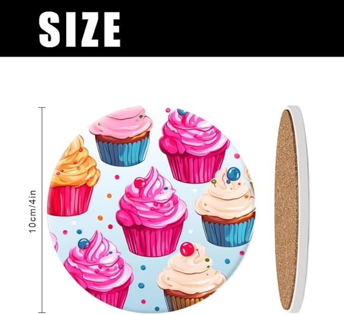 Ceramic Stone Coasters for Drinks Set of 1, Cupcakes Cute Round Absorbent Cup Coasters Protection for Coffee Table Kitchen Counter Decor (4 * 4 Inch)