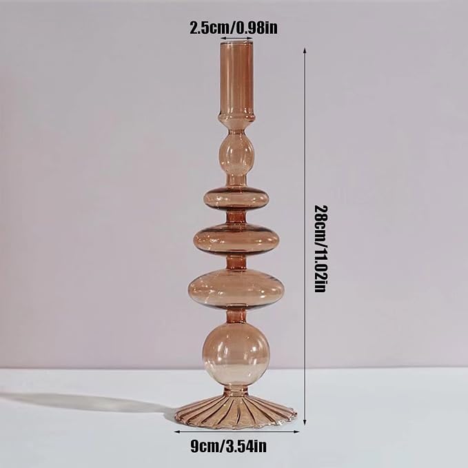 Glass Candlestick Holders Simple Creative Glass Vase Candle Holder Colorful Glass Pillar Candle Stand Candlestick Wavy Elegant Glass Candlestick for Home Centerpiece (Brown K)