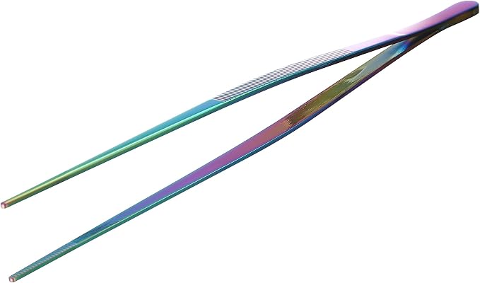 2Pcs 12" Fine Long Tweezer Tongs, Professional Cocktail Garnish Tools, 304 Stainless Steel for Kitchen, Food, Cooking (Rainbow 2PCS)