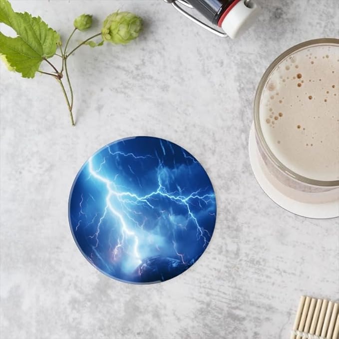 Ceramic Stone Cork Coasters for Drinks Tableware, Dark Blue Sky with Lightning Striking Earth Round Absorbent Durable Aesthetic Art Cup Mat Protects Tables and Surfaces Set of 1 (4 * 4 Inch)