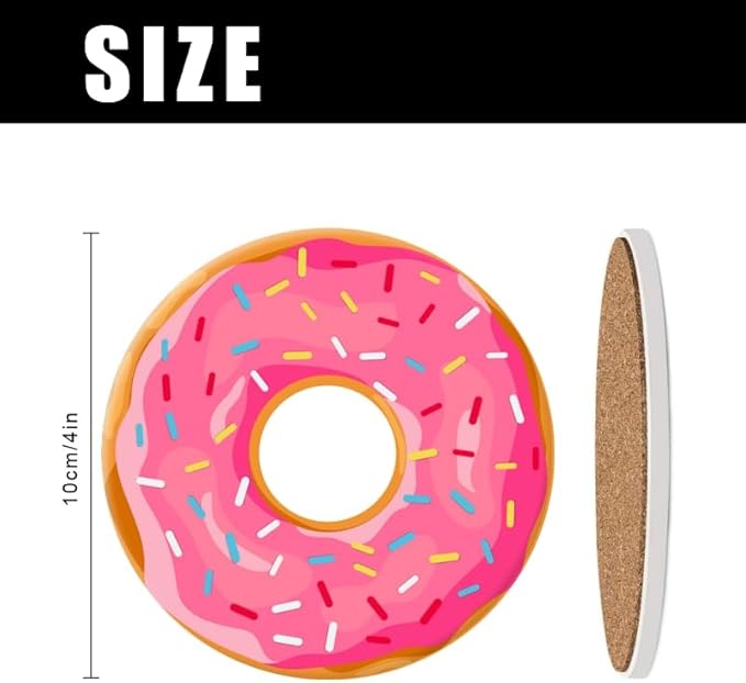 Ceramic Stone Cork Coasters for Drinks Tableware, Pink Frosted Donut with Sprinkles Round Absorbent Durable Aesthetic Art Cup Mat Protects Tables and Surfaces Set of 1 (4 * 4 Inch)