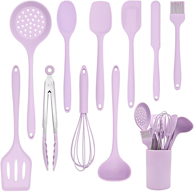 RANX INGST Kitchen Cooking Utensils Set 11 pcs Nonstick Silicone Spatula Set with Holder, 446°F Heat Resistant, Ergonomic Handle, BPA Free - Purple