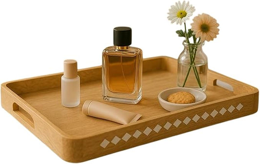 Mela Artisans Wooden Serving Tray with Handles | 15x10x1.75 inch | Mango Wood Decorative Tray | Ottoman Tray | Snacks | Desserts | Breads | Coffee Table | Bedroom | Rounded Edge Design