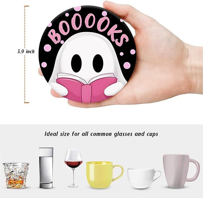 Drink Coasters for Drinks Set of 6, Pink and Black Cute Ghosts Absorbent Round Ceramic Stone Mat Coaster, with Cork Base and Metal Holder, Home Bar Decor House Warming Gift
