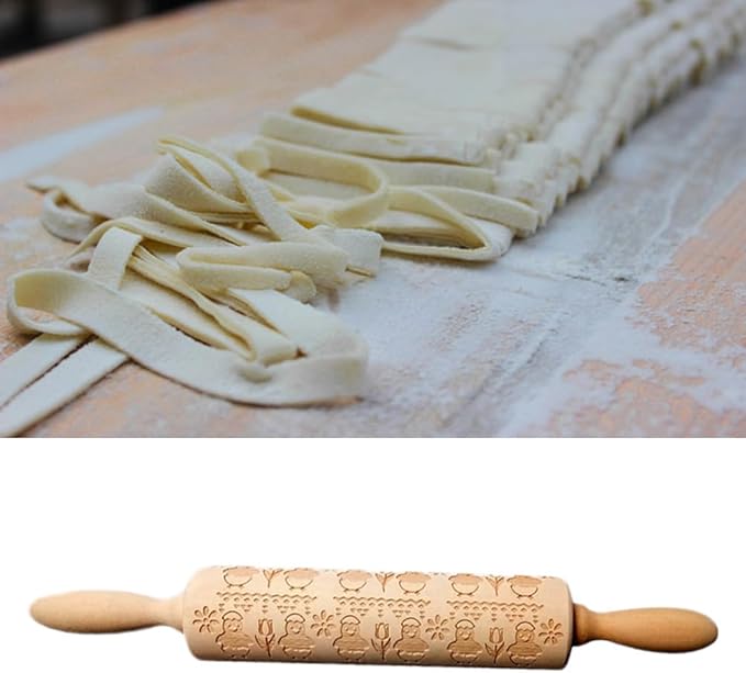 DECHOUS Easter Embossed Rolling Pin 13.78 Inch Chicken Flower Pattern Wooden Dough Roller for Baking - Home Kitchen Essential Rolling Pin for Cookie Dough Pastry Pizza Fondant