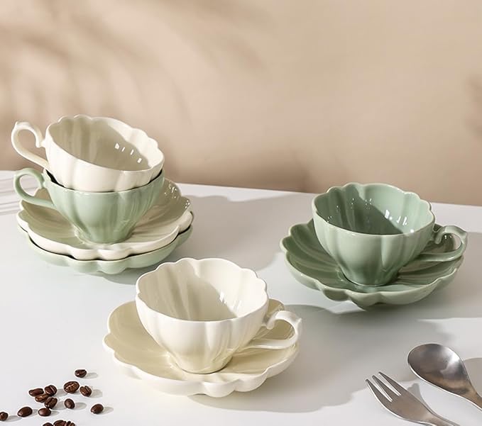 Flower Shaped Ceramic Coffee Cup Teacup with Saucer, Set of 2-Green