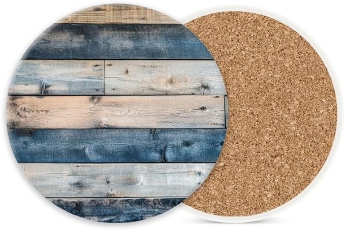 Ceramic Stone Coasters for Drinks Set of 1, Blue and Brown Wooden Wall Pattern Round Absorbent Cup Coasters Protection for Coffee Table Kitchen Counter Decor (4 * 4 Inch)