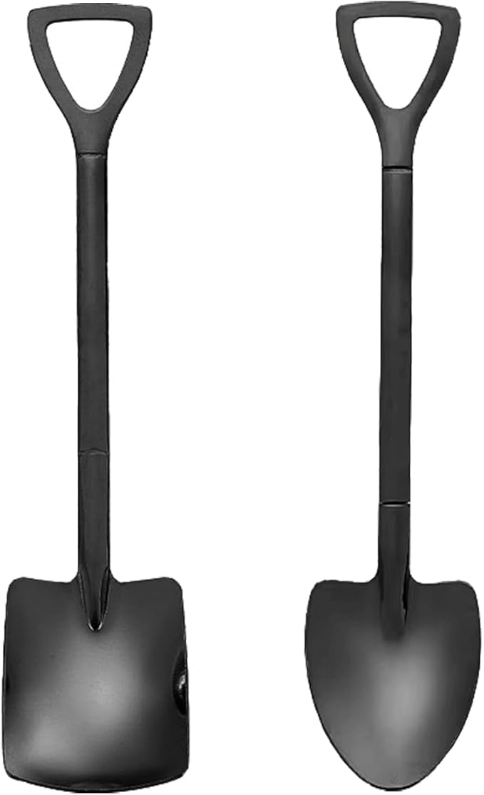 2 Pcs (1 Set) Stainless Steel Shovel Spoons – Reusable Mini Dessert Spoons for Coffee, Tea, Ice Cream, Fruit, Sugar & Cake, Cute Shovel-Shaped Silver Spoons for Kitchen and Party Use (Black)
