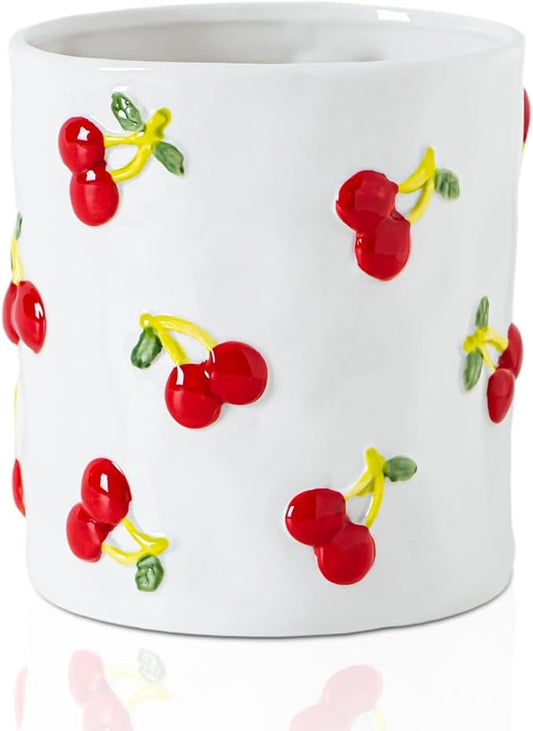 Cherry Kitchen Utensil Holder For Countertop Ceramic Utensil Crock White Cooking Utensil Holder With 3D Cherry Design Anti-Slip Easy-Grip Texture For Forks Spoons & Cooking Tools Countertop Organizer