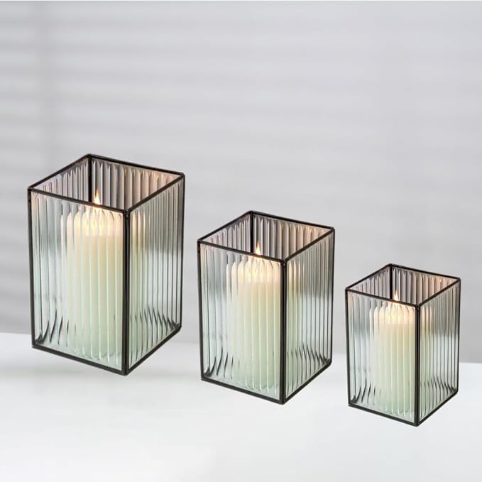Koyal Wholesale Glass Ribbed Hurricane Candle Holders - Black Pillar Set of 3