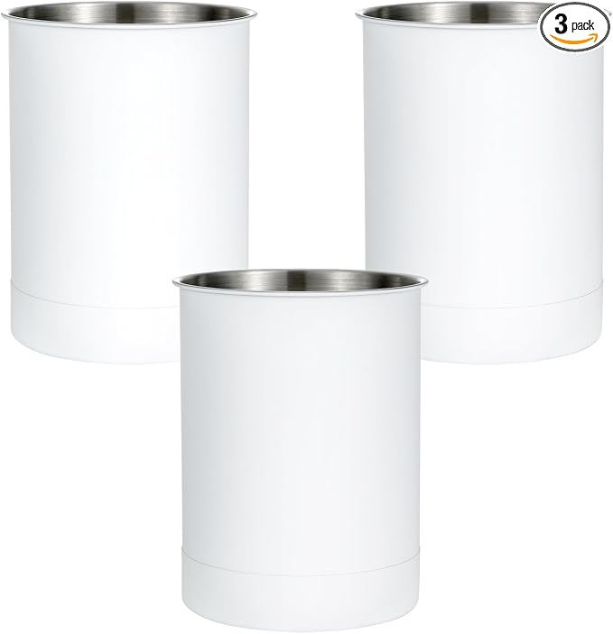 KSENDALO Stainless Steel Utensil Holder Set of 3 - 6.6* 5inch Round Kitchen Caddy, Crock, and Organizer for Cooking Spoons, Silverware, and Spatulas - Stylish Metal Container for Countertop, White | White Painted Stainless, Heavier Base, 6.6 inchTall, ...