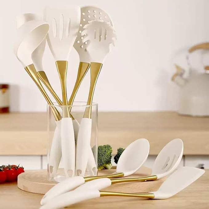8-Piece Silicone Kitchen Utensil Set, White and Gold, Heat Resistant Cooking Tools with Comfort Handles- Includes Spatula & Spoon for Nonstick Cookware (Elegant White & Gold)