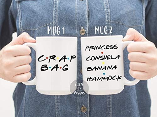 Crap Bag & Princess Consuela Banana Hammock – Funny Coffee Mug Set – 2 Large 15 Oz White Ceramic Cups – Couples Gift for Friends TV Show Fans