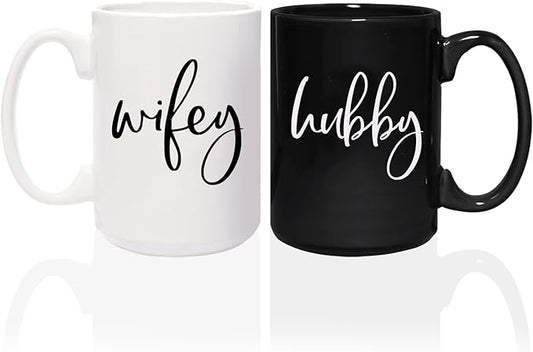 Canopy Street Wifey And Hubby Matching Mugs/Two Jumbo 15 Ounce White And Black Ceramic Mugs/Funny Husband And Wife Coffee Cup Set/Black And White Wedding Present Mug Set.