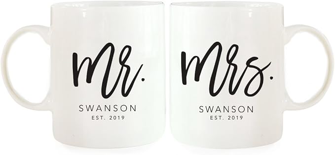 Andaz Press Personalized Name 11oz. Ceramic Ceramic Valentines Day Coffee Mugs Wedding Anniversary Couples Gift Set, Mr. Mrs. Johnson Est. 2026, Script Style, 2-Pack, Custom Names, Long Distance Gift