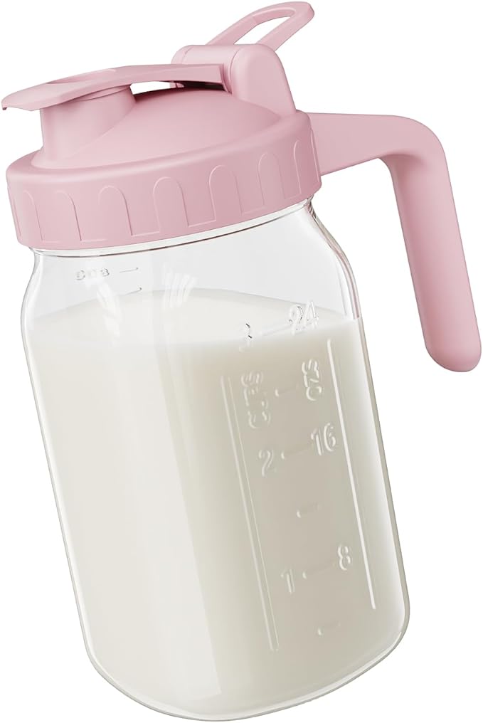 Breast Milk Pitcher - 32 oz Glass Mason Jar with Dual Leak-Proof Design, Airtight Seal, Pour Spout & Handle, Storage Container for Breastmilk, Iced Tea & Ice Drinks（Pink）