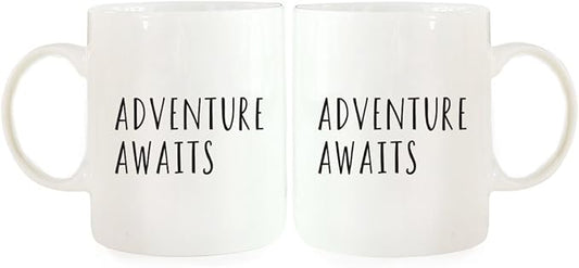 Andaz Press Funny Couples 11 oz Ceramic Coffee Mugs, Adventure Awaits, His and Hers Mugs Set of 2, Valentines Day Coffee Mug for Him and Her, Mr and Mrs Mugs, Couple Mugs for Husband and Wife