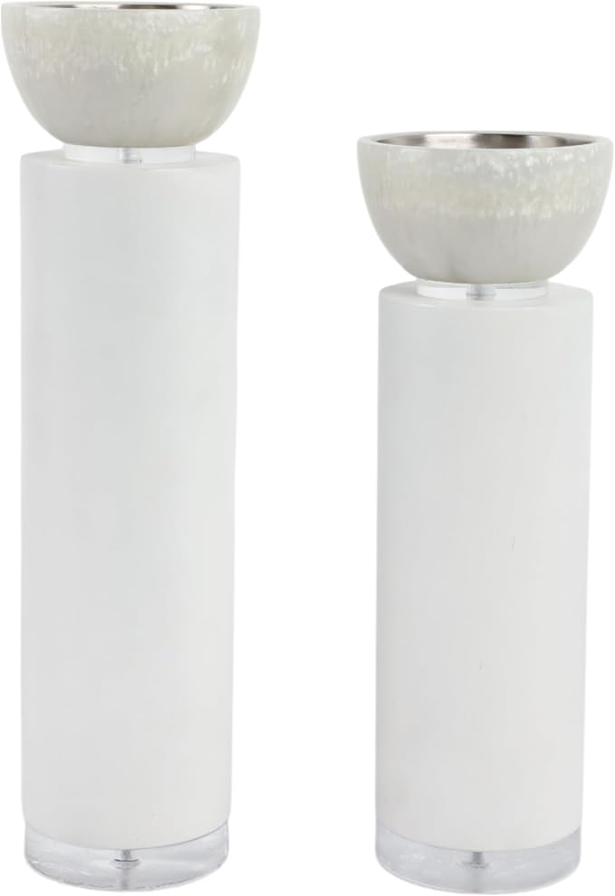 Elegant Pillar Candle Holders for Home Decor - Modern Candlestick Holders for Dining Table Centerpieces, Entryway, or Console - Decorative Candle Stand Holders for Shelf Set of 2-13", 11" White