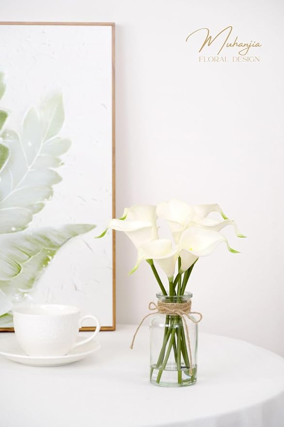 Muhanjia Artificial Flowers Calla Lily in Glass Vase with Faux Water,7Pcs Artificial Flower Real Touch Latex Flowers for Centerpiece Table Decorations Counter Decor(White Calla Lily)