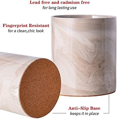 Yundu Porcelain Brown Marble Utensil Crock, Kitchen Utensil Holder for Countertop, 7″ Large Size for Storage,Table-Protection Cork Mat