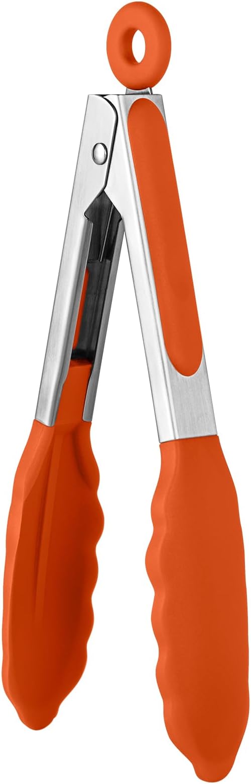 600ºF Heat Resistant Kitchen Tong: U-Taste 7 inch Silicone Cooking Tong with Firm Sealed Non Stick Rubber Tips & Silicon Coated 18/8 Stainless Steel Handle & Smooth Locking for Serving Salad (Orange)