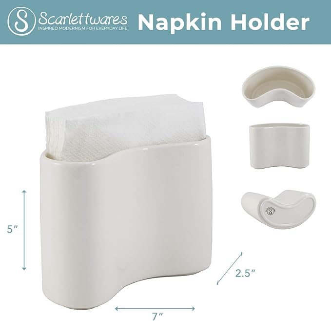 Scarlettwares Ceramic Napkin Holder For Table Kitchen Paper Linen Cloth Napkins Upright Stand Up Sturdy Stylish Modern Compact White Modern Farmhouse