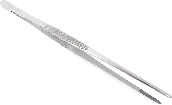 Professional Culinary Stainless Steel Precision Tongs with Serrated Tips, Plating/Food Presentation Detailing Serving Tongs, Chef's Kitchen Tweezer Tongs - Ultra Non-Slip Grip (12 Inch)