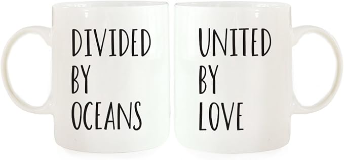 Andaz Press 11oz. Ceramic Ceramic Valentines Day Coffee Mugs Wedding Anniversary Couples Gift Set, Divided By Oceans, United By Love, 2-Pack, Destination Moving Away Girlfriend Boyfriend Gift Ideas