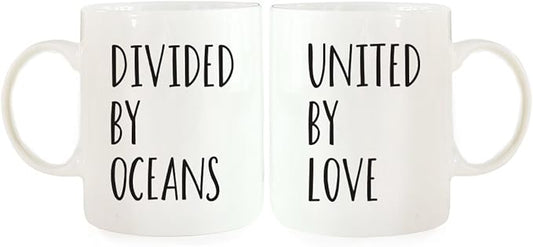 Andaz Press 11oz. Ceramic Ceramic Valentines Day Coffee Mugs Wedding Anniversary Couples Gift Set, Divided By Oceans, United By Love, 2-Pack, Destination Moving Away Girlfriend Boyfriend Gift Ideas