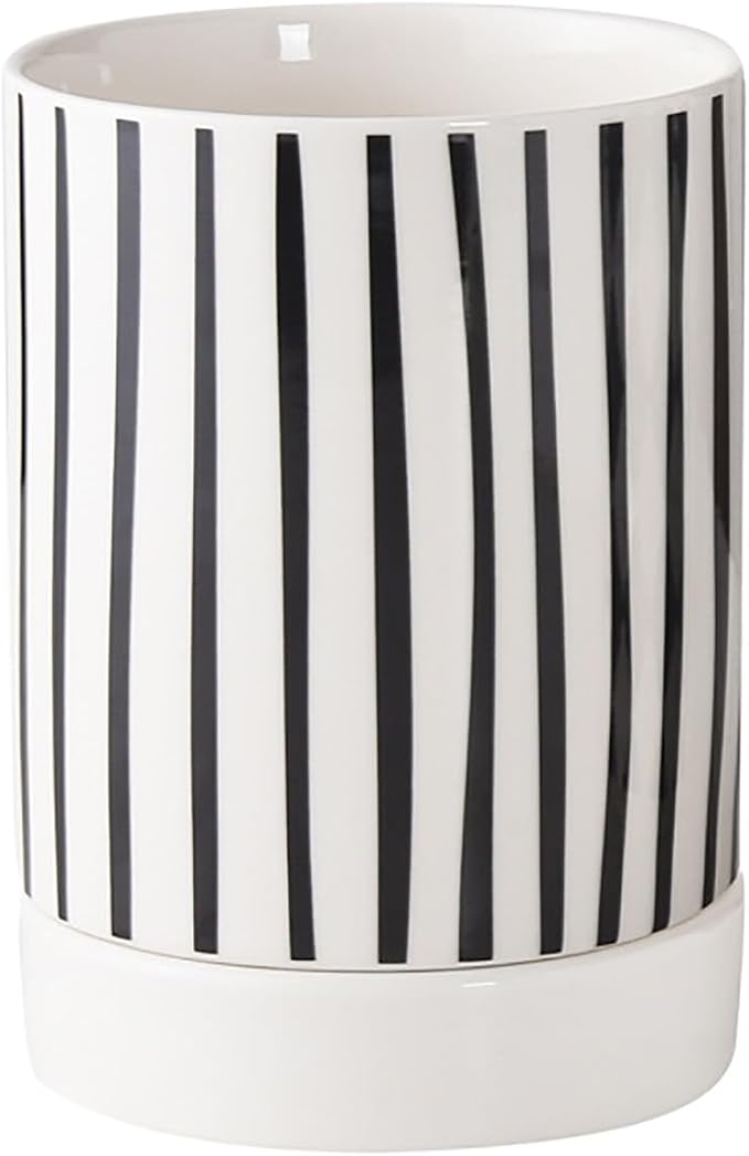 Dxcaicc Ceramic Kitchen Utensil Holder, Multiple Drain Holes, Drain Tray, Vertical Stripe
