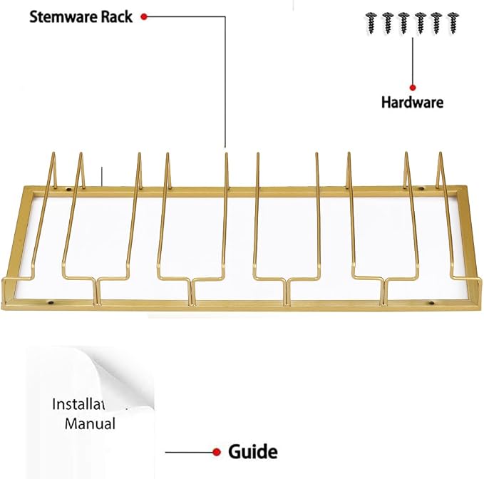 FOMANSH Wine Glass Rack - Under Cabinet Stemware Wine Glass Holder Glasses Storage Hanger 2 Pack Metal Organizer for Bar Kitchen 5 Rows Gold
