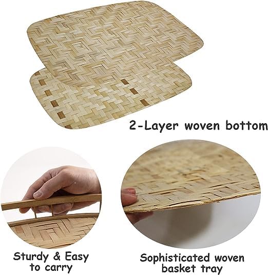 Set of 4 pcs Rectangular Bamboo Wicker Serving Trays with Handles, Handwoven Coffee Trays for Coffee, Breakfast, Bread, Food, Dish and Decorative Trays for Dining Table