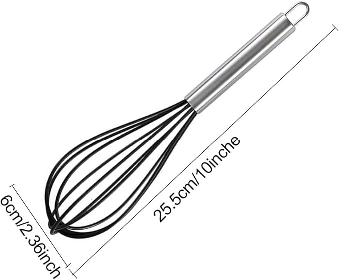Silicone Whisk with Stainless Steel Handle, 10 inch Mini Wisk Balloon Kitchen Whisks Tool set of 12, Egg Beater Wisking for Cooking, Beating, Make Cake (Black)