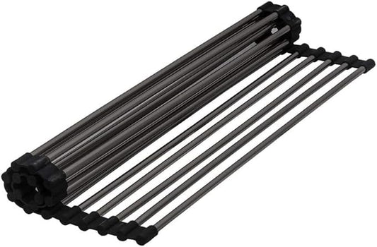 Strictly Sinks Stainless Steel Roll Up Dish Drying Rack – Black 16 Inch Over The Sink Drying Rack Ideal for Apron Workstation Sinks Only – Multipurpose Foldable Dish Rack (16-3/8″ x 13″ x 3/8″)
