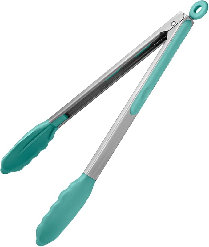 600ºF Heat Resistant Kitchen Tongs: U-Taste 12 in Large Silicone Cooking Tong with Sturdy Non Stick Rubber Tips & Silicon Coated 18/8 Stainless Steel Handle & Smooth Locking for Serving Grill-Aqua Sky