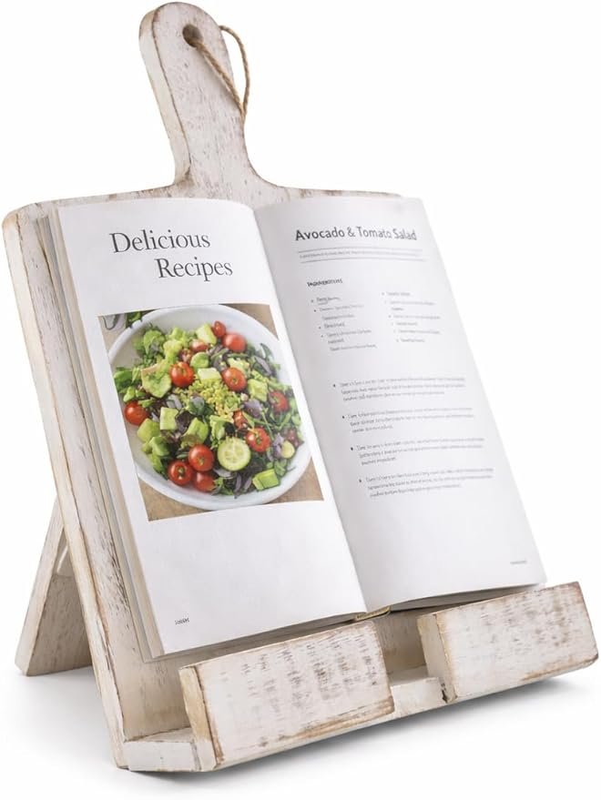 Wedding Gifts Wooden Cookbook Stand Chopping Board Style Foldable Recipe Book Stand Holder Easel for Kitchen Text Book Tablet L 9.5 x B 1.5 x H 14 inches (White) Cooking Gifts