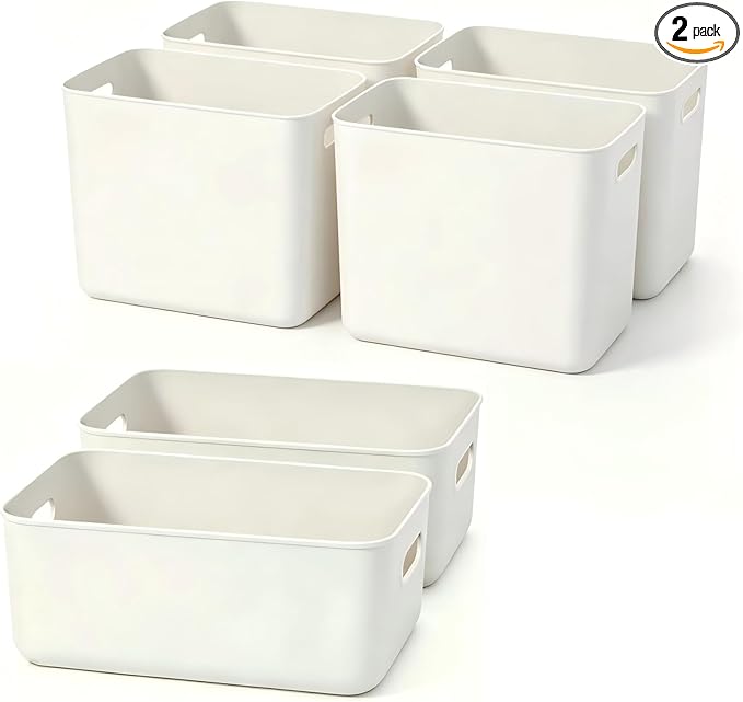 Ytteve 6 Pack Light Grey Plastic Storage Bins with Handles, Durable Organizer - 4 L (11.8"x8"x9.8") & 2 M (11.8"x8"x4.7"), Multi-size Storage Containers for Home, Closet, Shelves, Drawers, Office