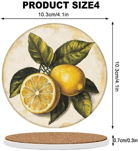 Ceramic Coasters Set of 4 Absorbent Stone Drink Coasters with Holder,Non-Slip Cork Backing,Lemon Coasters for Coffee Table,Desk & Home Decor