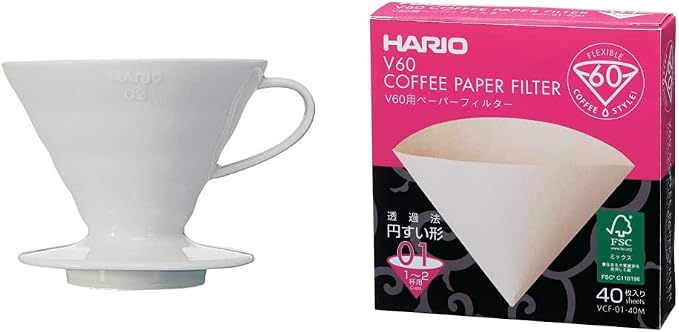 Hario V60 Ceramic Coffee Dripper Pour Over Cone Coffee Maker Size 02, White & V60 Paper Coffee Filters, Size 01, Natural, 40ct Boxed