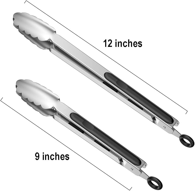 600℉ Heat Resistant Kitchen Tongs with Locking, Set of 9-inch and 12-inch Stainless Steel Metal Cooking Tongs with Non-Slip Grip, Perfect for Grilling, Barbecue (BBQ) and More