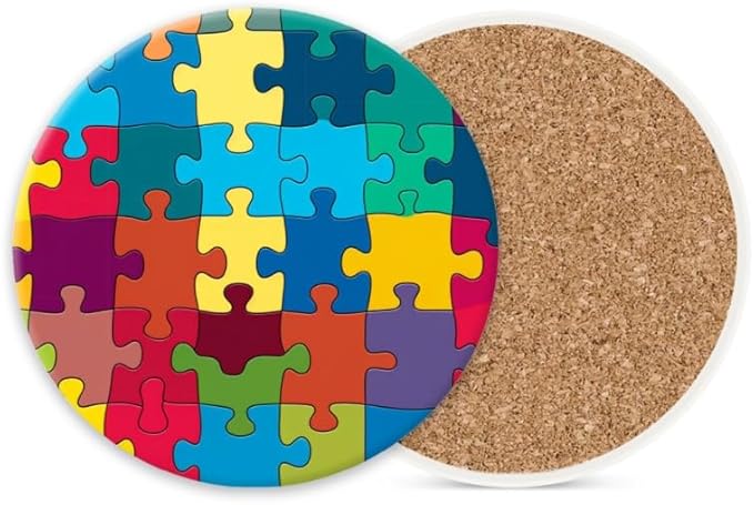 Ceramic Stone Coasters for Drinks Cup, Colorful Puzzle Background Absorbent Anti Slip Cup Coasters with Cork Base for Kitchen Living Room Office Decor Housewarming Gift Set of 1 (4 * 4 Inch)