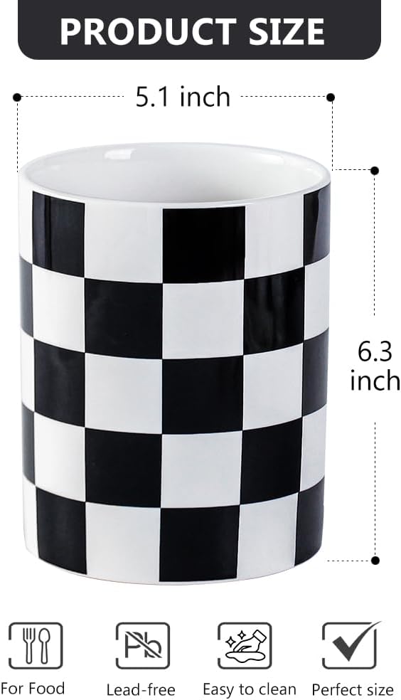 Kitchen Utensil Holder, 6.3 Inch Checkered Ceramic Cooking Utensil Holder Modern Utensil Crocks for Kitchen Counter-Farmhouse, Housewarming Gift, Decor and Accessories (Black, 6.3 Inch)