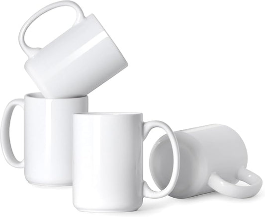16 OZ Porcelain Coffee Mugs, Classic Blank Ceramic Cup with Large Handle for Tea Latte Cappuccino, Set of 4, White