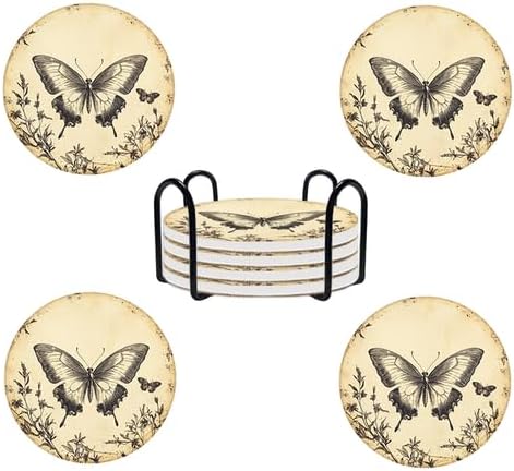 Ceramic Coasters Set of 4 Absorbent Stone Drink Coasters with Holder,Non-Slip Cork Backing,Butterfly Coasters for Coffee Table,Desk & Home Decor