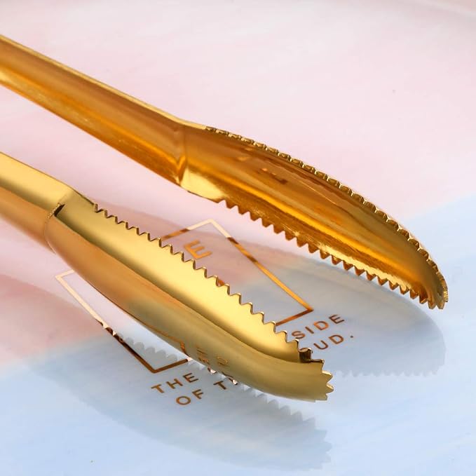 Stainless Steel Cooking Tongs for Frying, 9 Inches Serving Tongs Appetizers Charcuterie with Teeth for Parties, Food Tongs Kitchen Tongs for Nonstick Cookware, Set of 2 (Gold)