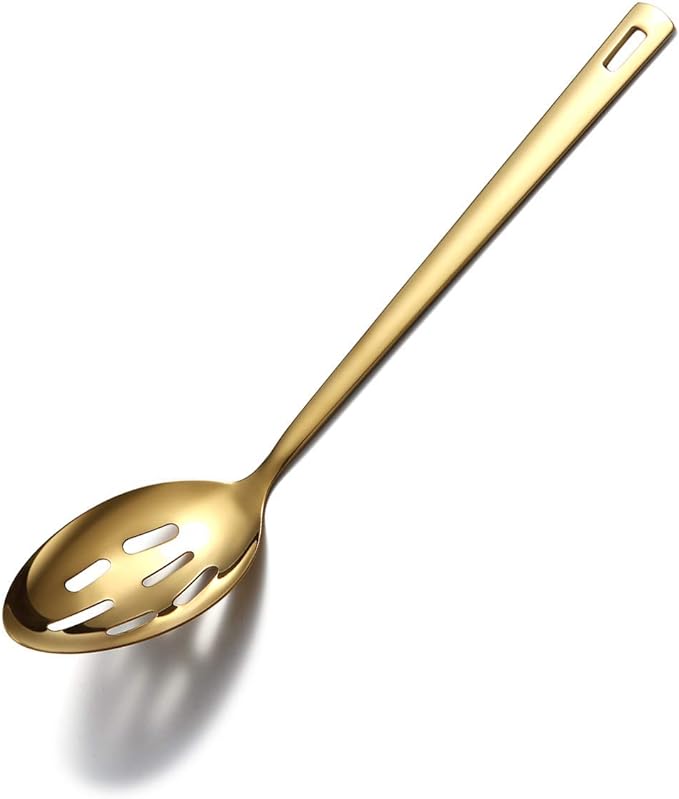 Gold Cooking Spoon, Berglander Stainless Steel Slotted Spoon Titanium Gold Plating, Kitchen Serving Basting Spoon For Cooking, Dishwasher Safe, Easy to Clean