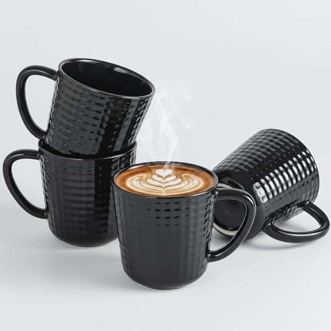 Ceramic Coffee Mugs Set of 4, 14oz Black Coffee Cups with Embossed Grid Texture, Coffee Mug for Latte Cappuccino Tea Cocoa, Dishwasher & Microwave Safe, Ideal Mother's Day & Housewarming Gift