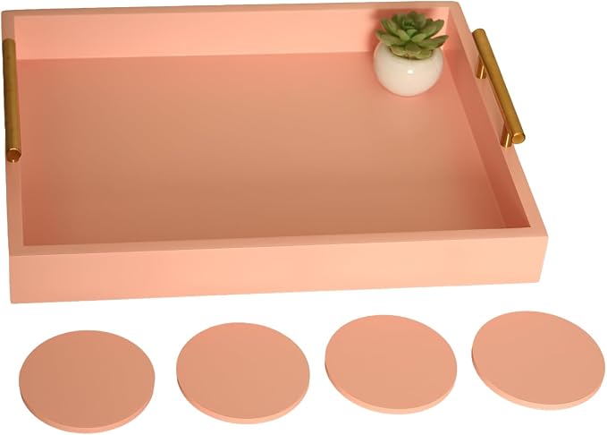 Serving Tray 16.5“X 13“ Deluxe Wooden Ottoman Tray, Food Tray for Eating, Dinner Trays for Eating on Couch Coffee Table with Polished Gold Metal Handles-4 Round Coasters Included（Pink）