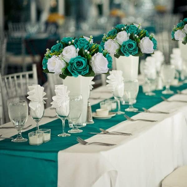 BLOSMON Flower Ball Centerpieces for Wedding: 10 Pcs Teal White Fake Roses Flowers Artificial for Table - Silk Kissing Bouquet Floral Arrangement Center for Home Party Event Decor | Artificial Floral Arrangement for Table - Faux Silk Kissing Bouquet wi...